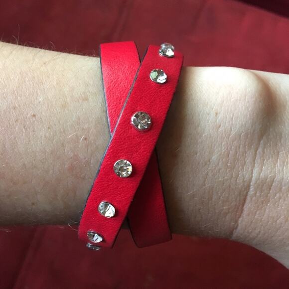 BOUTIQUE • Red Rhinestone Jeweled Wrap Statement Bracelet - Picture 2 of 3